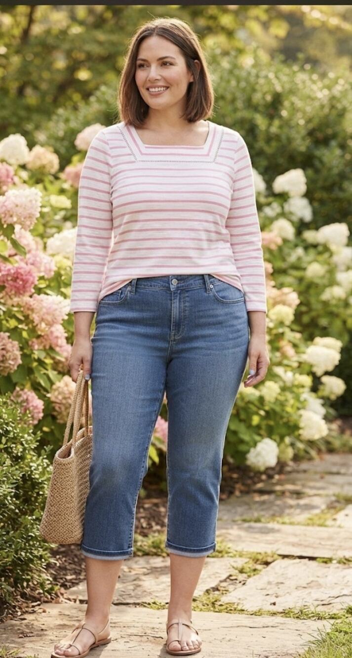 Talbots 1X Petite Pink/White Stripe Cotton Knit Square Eyelet Neck Preppy Summer